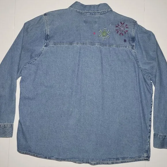 C.J. Banks Womens Blue Denim Long Sleeve Button Up Embroidered Jacket Size 1X - Picture 2 of 13
